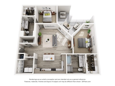 Floor plan for 2 beds, 2.5 baths, 1253 sqft